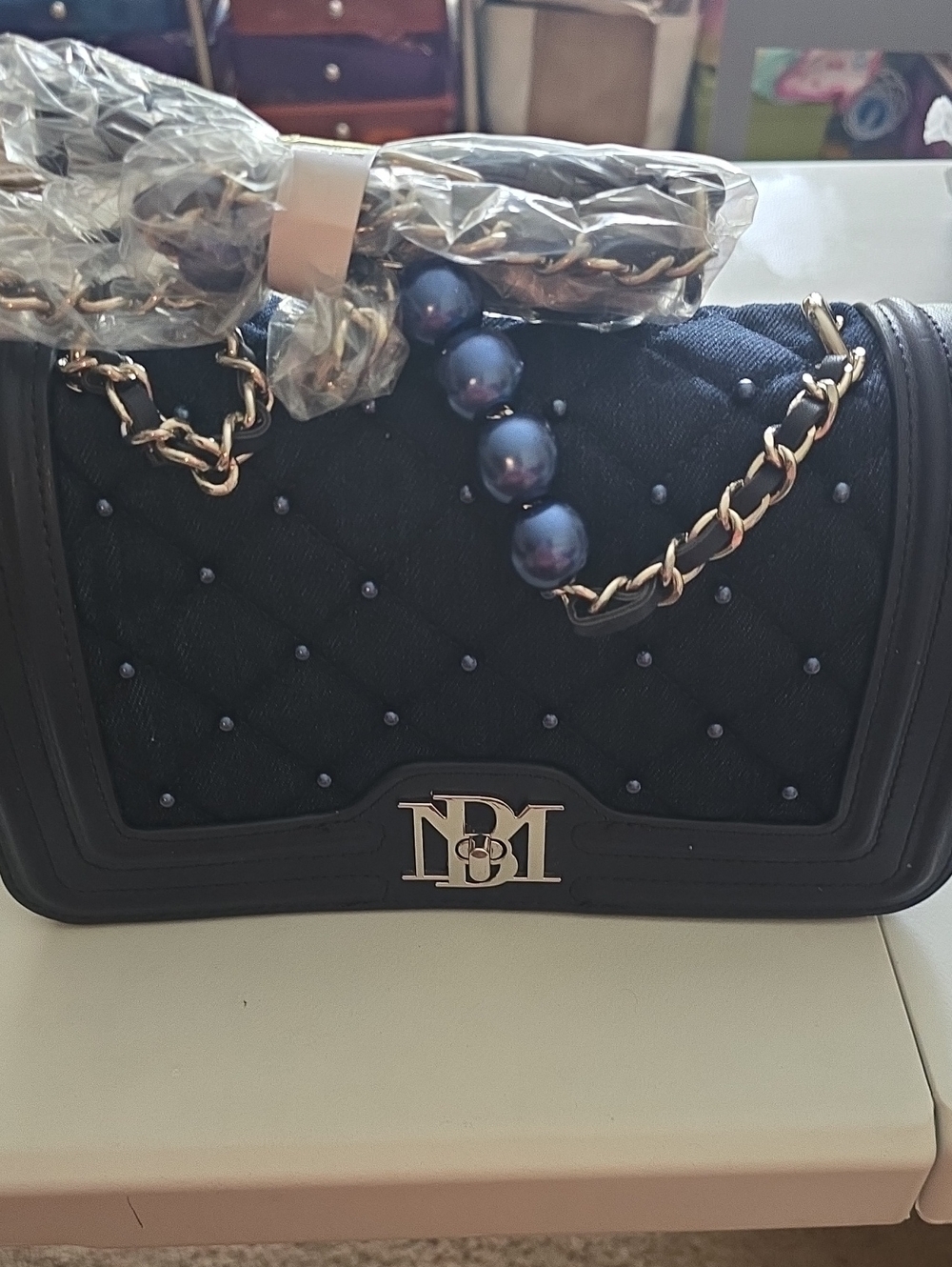Badgley Mischka Quilted Navy Shoulder Bag with Gold Chain
